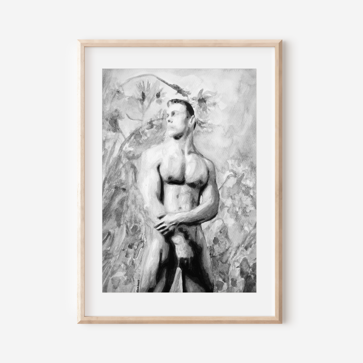 Black and white watercolor painting of a nude muscular male viewed from a low angle, expressing bold queer identity and masculine beauty by Zak Pop Art.