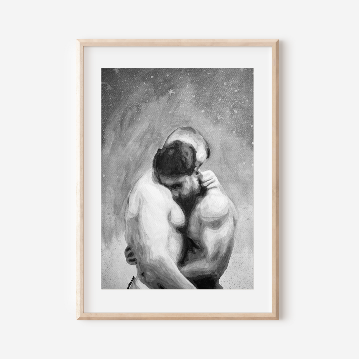 Framed artwork of two nude figures embracing on a white background