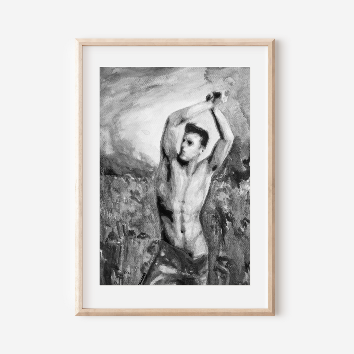 Framed black and white artwork of a nude figure against a textured background.