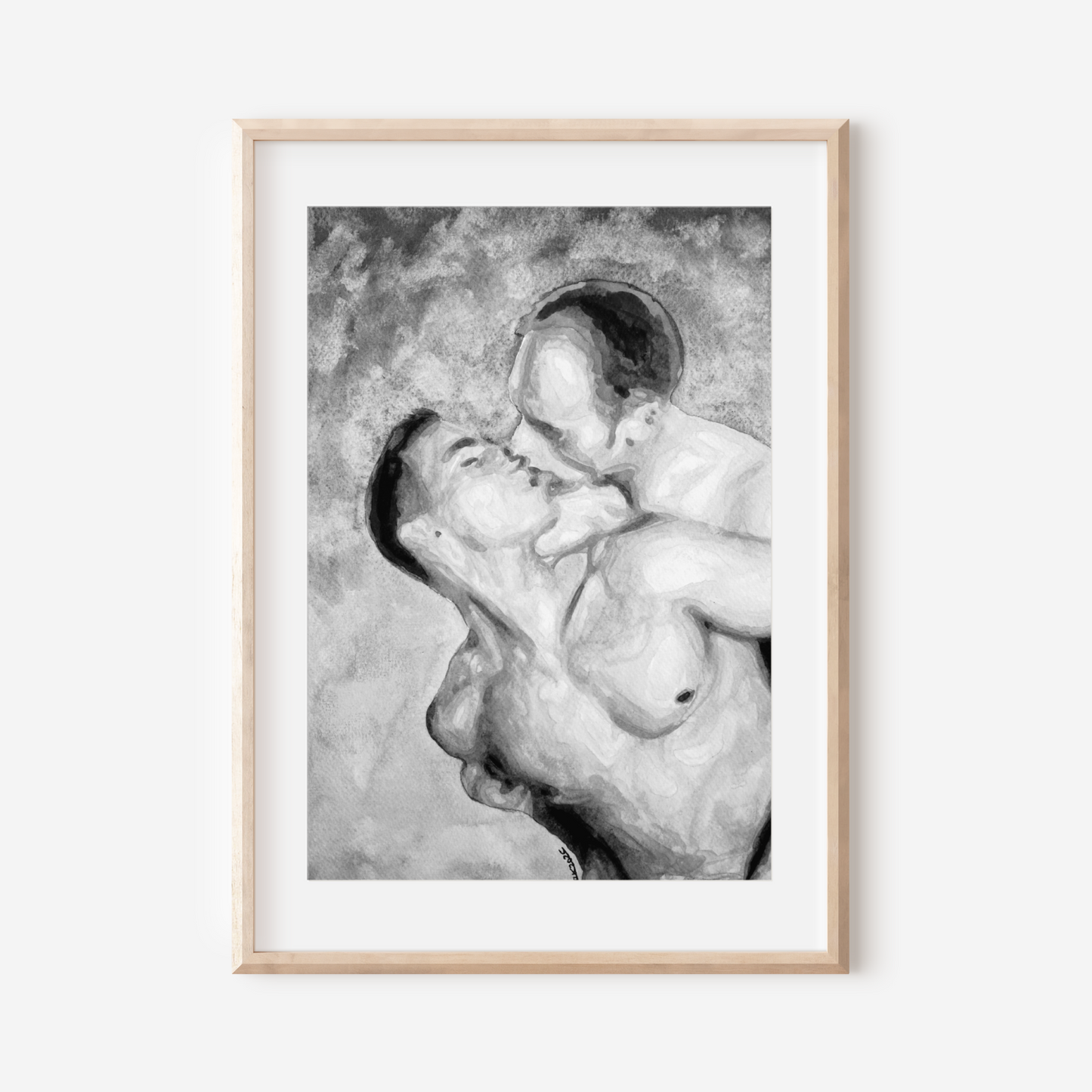 Black and white watercolor print of two shirtless men embracing under a vast grey sky. LGBTQ+ love art by Zak Pop Art.