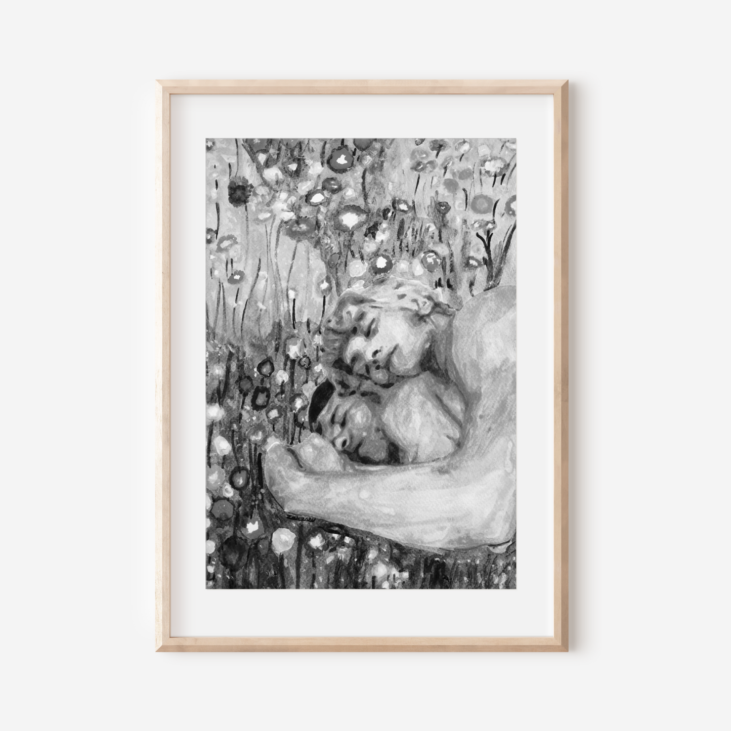 Black and white watercolor of two nude men lying in a field, embracing peacefully, surrounded by floral textures in grayscale.