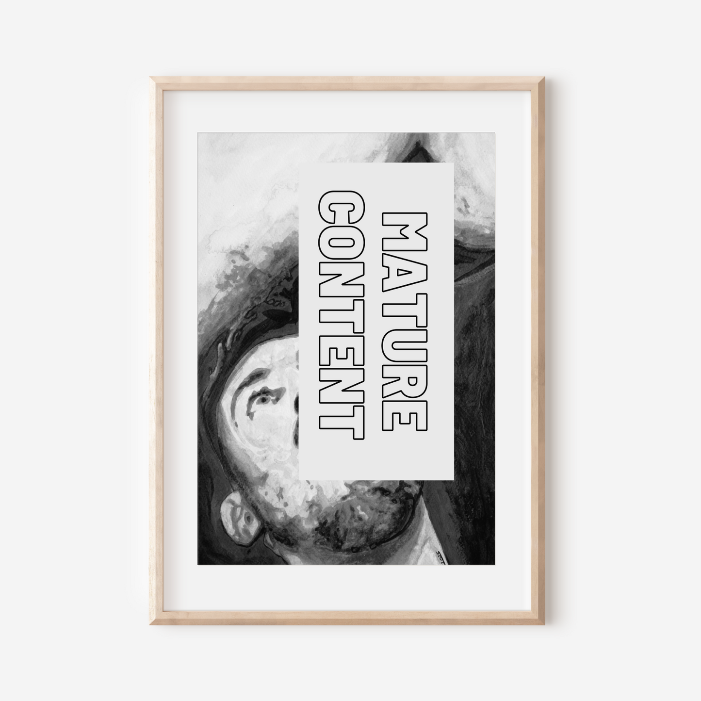 Framed artwork with a black and white photo and text 'Mature Content' on a white background