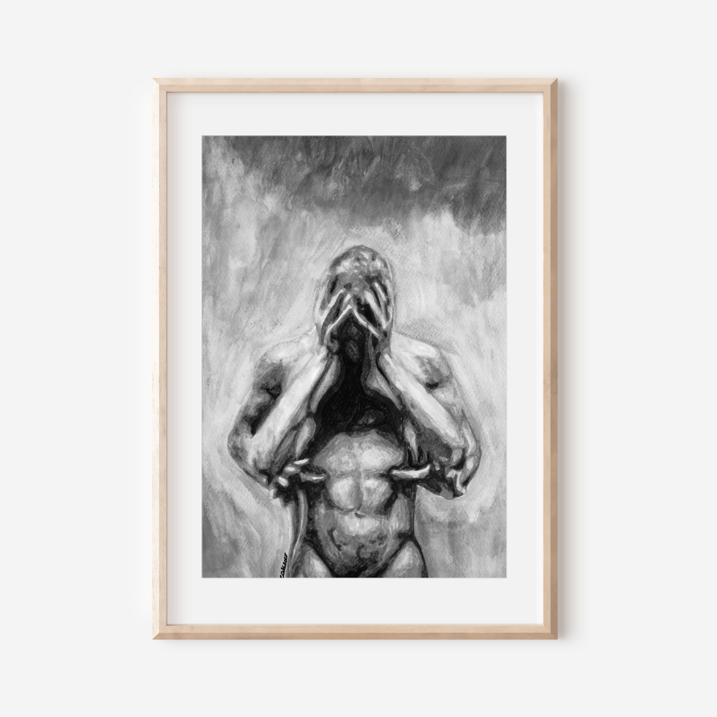 Black and white watercolor of a muscular man holding his head in distress, embraced gently by another man from behind.