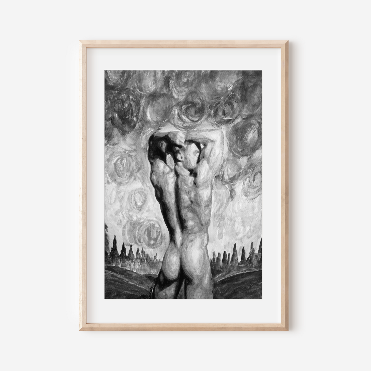 Black and white queer art print of a nude man from behind looking at a hill under a Van Gogh-style sky in Zak Pop Art’s style.