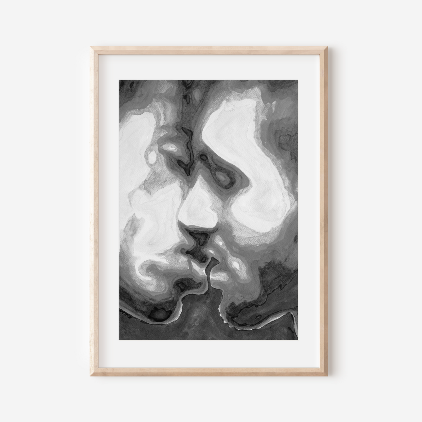 Black and white watercolor of a muscular gay couple kissing