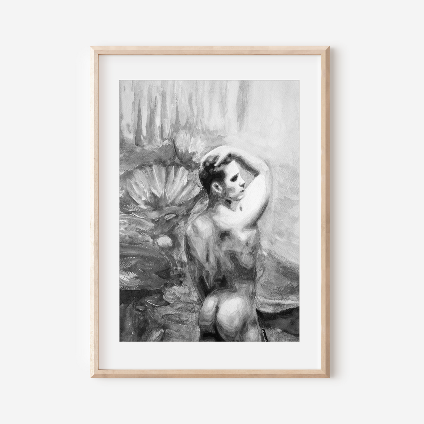 Gay Nude Male at Lily Pond Black & White Art
