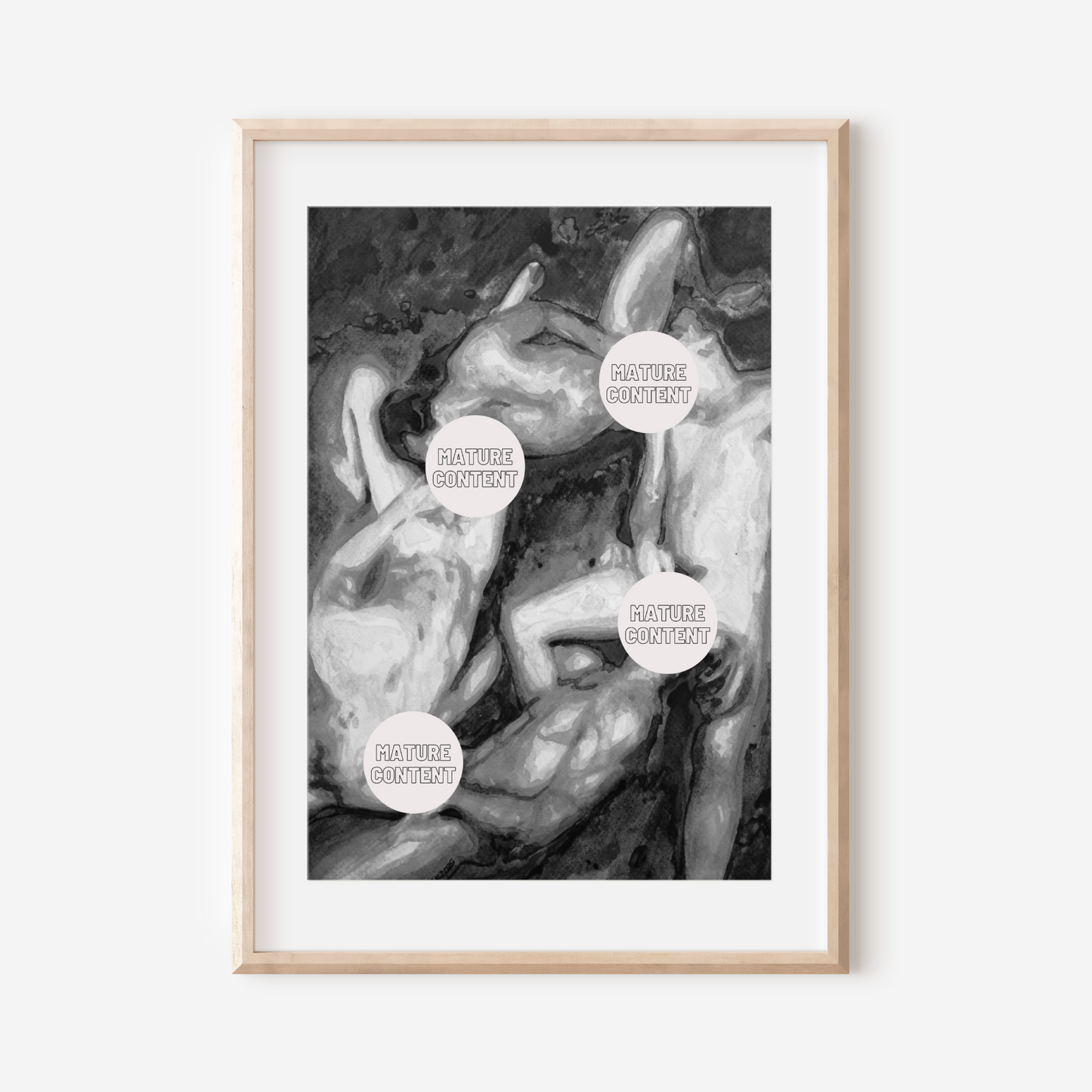 Black and white watercolor print of four nude queer figures in a circular arrangement, exploring intimacy and form through expressive grayscale brushwork. Zak Pop Art.