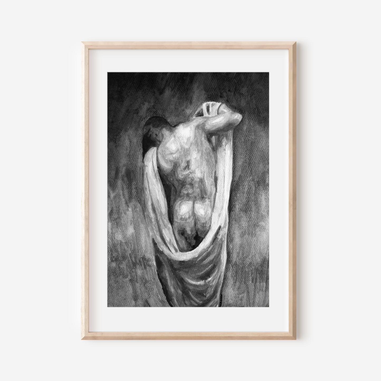 Framed artwork of a nude figure draped in fabric on a white wall