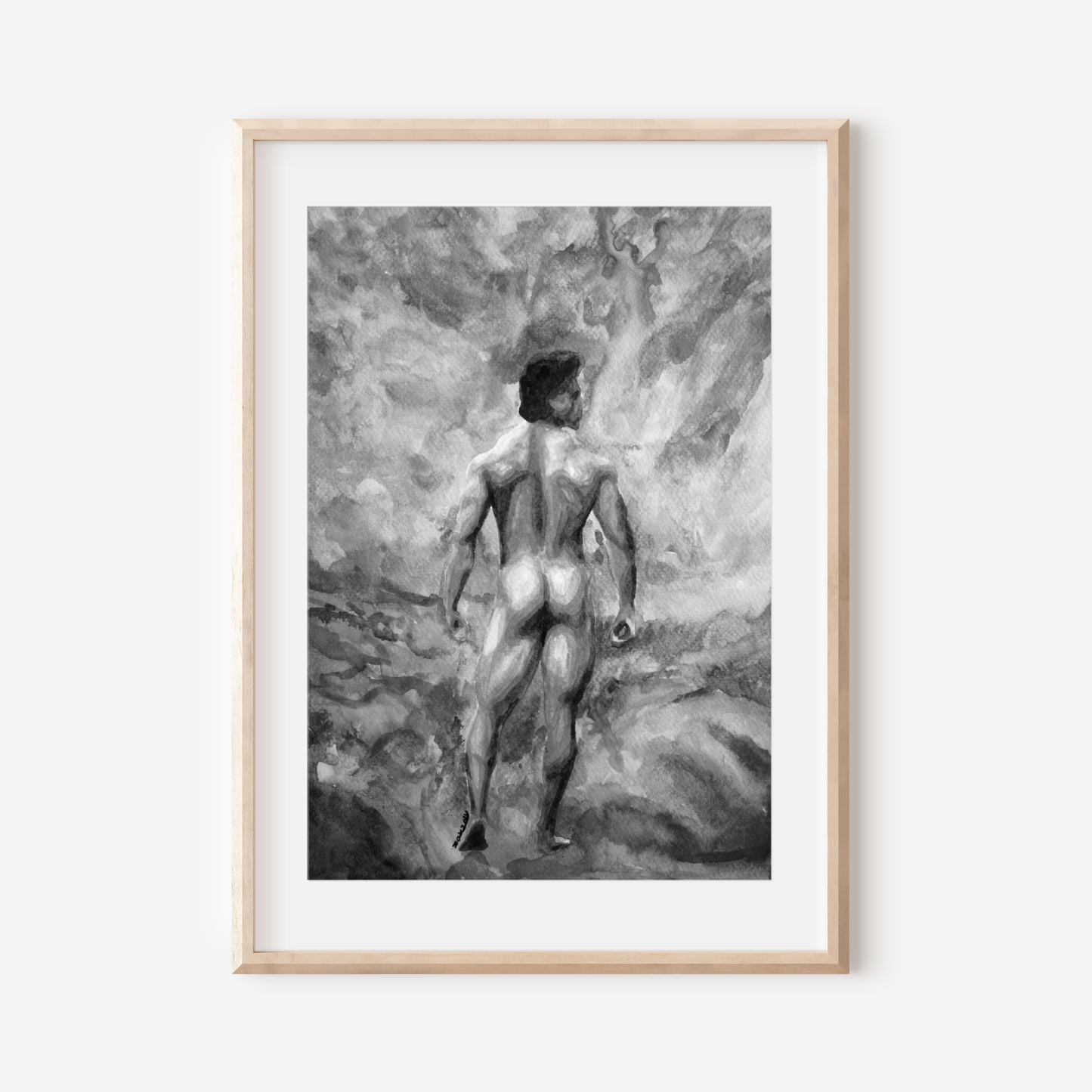 Framed artwork of a nude figure against a textured wall on a white background