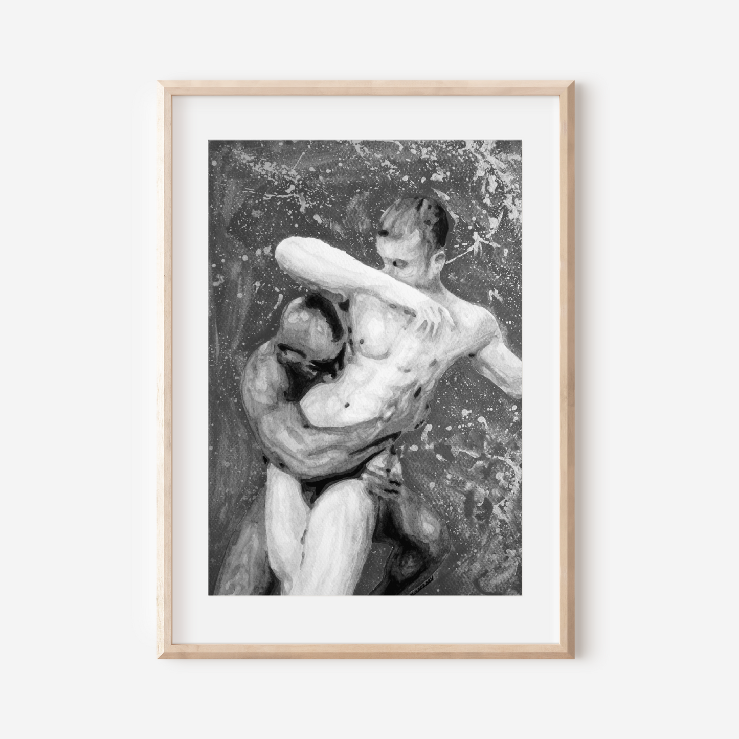 Framed black and white artwork of two nude figures embracing on a white background