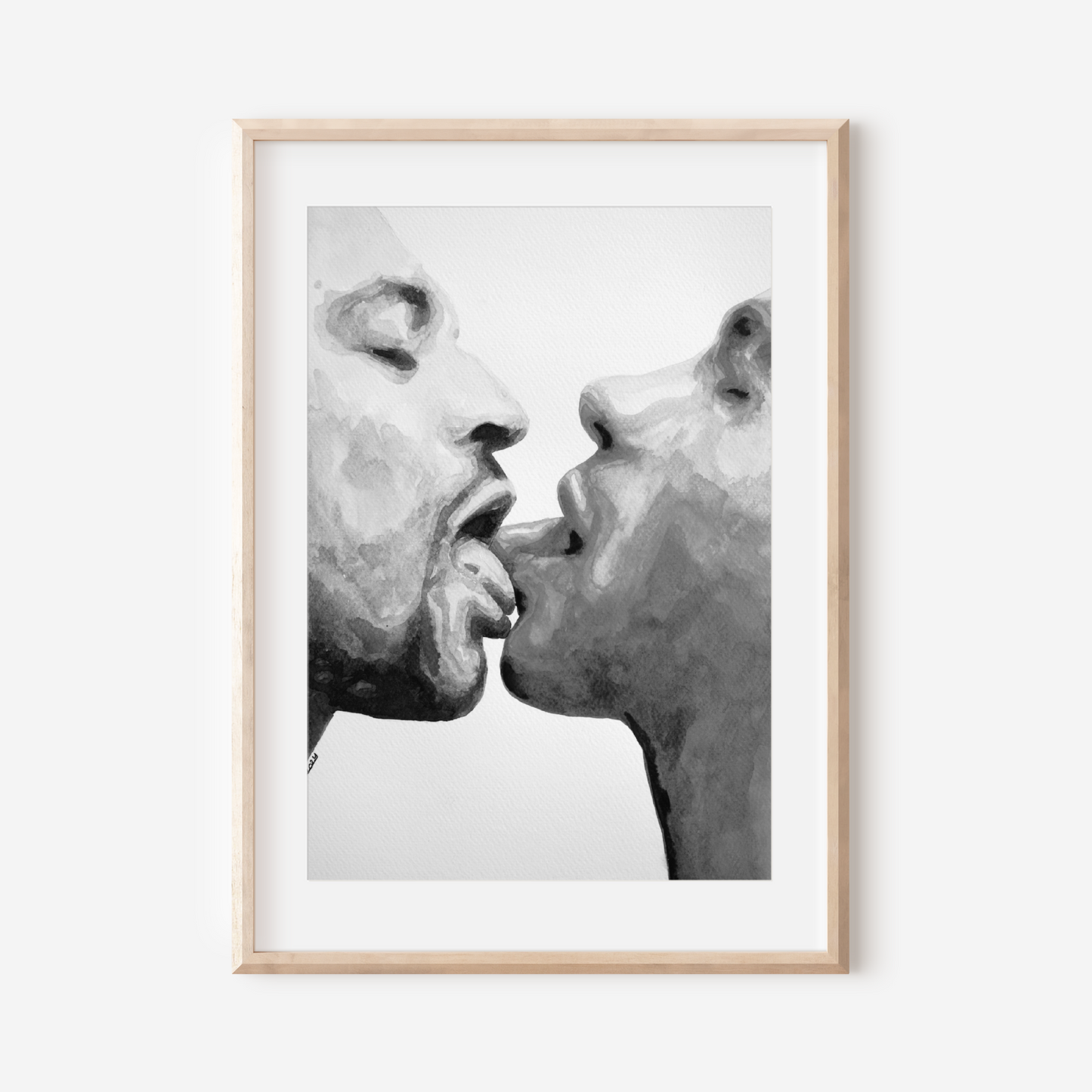 Framed black and white artwork of two faces close together on a white background