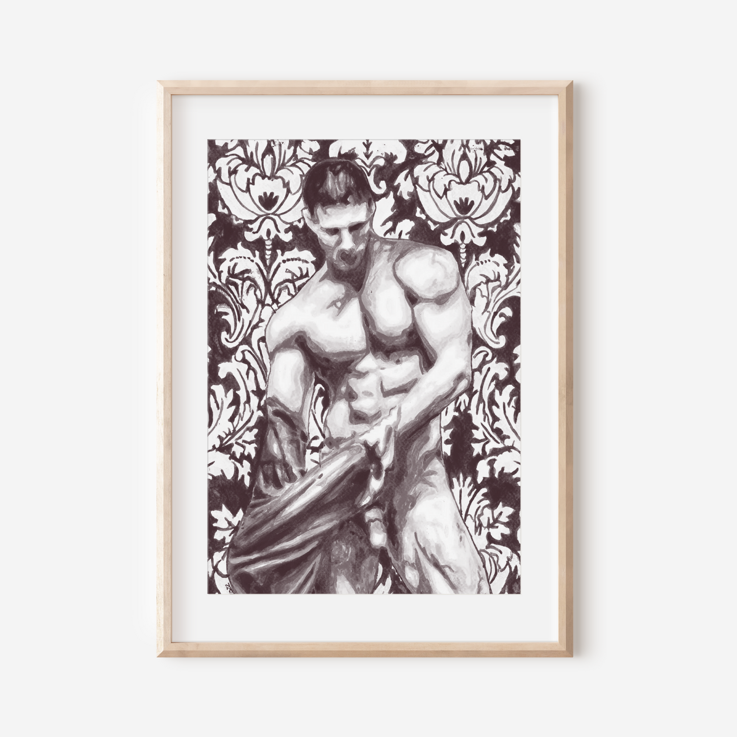 Framed artwork of a muscular figure on a decorative patterned background