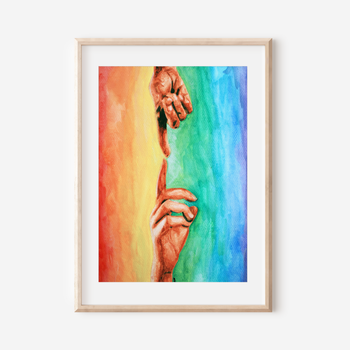 Framed artwork of two hands holding each other against a rainbow background