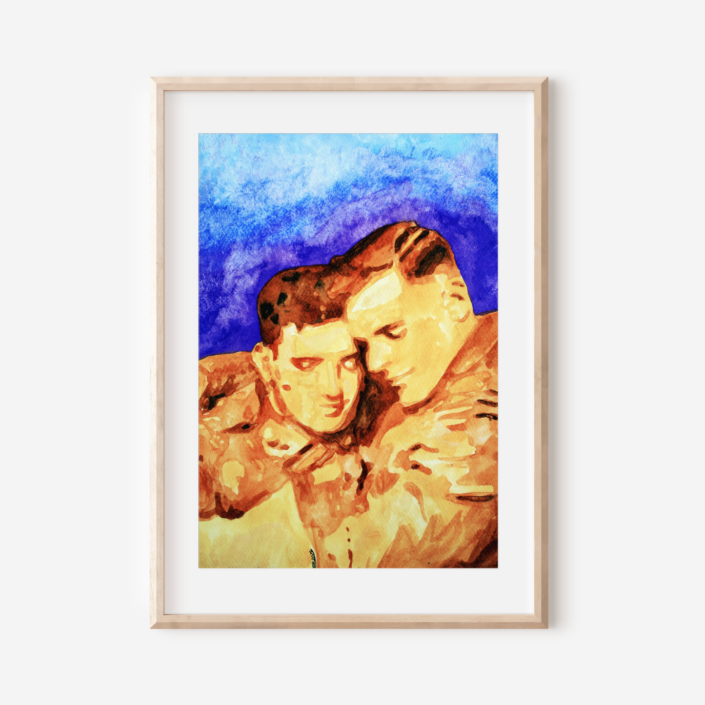 Watercolor painting of two WWI soldiers embracing tenderly, dressed in vintage military uniforms. A romantic and emotional tribute to hidden queer history.