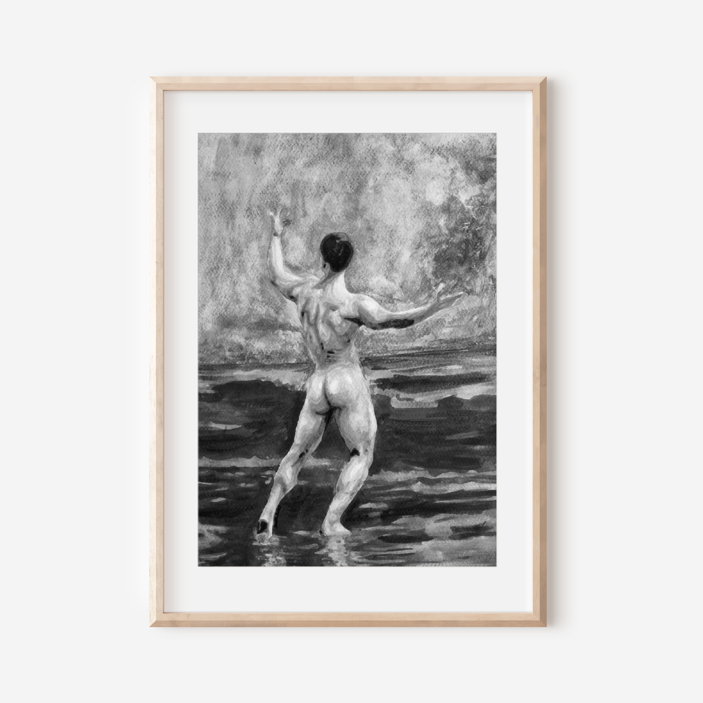 Framed artwork of a nude figure in water on a white wall