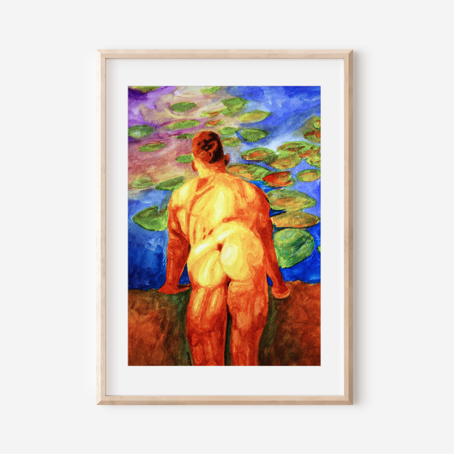 Framed artwork of a nude figure among lily pads on a white wall