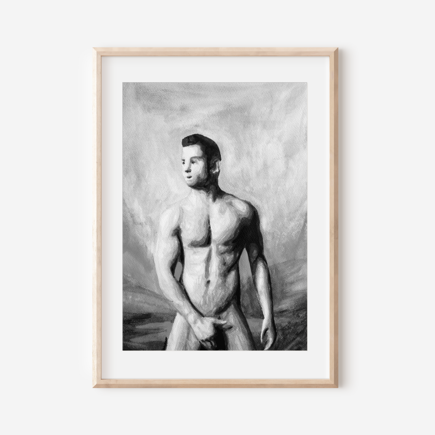 Black and white watercolor painting of a muscular nude man covering himself with his hands, standing beneath a moody sky, symbolizing queer strength, modesty, and emotional presence. Original Zak Pop Art.
