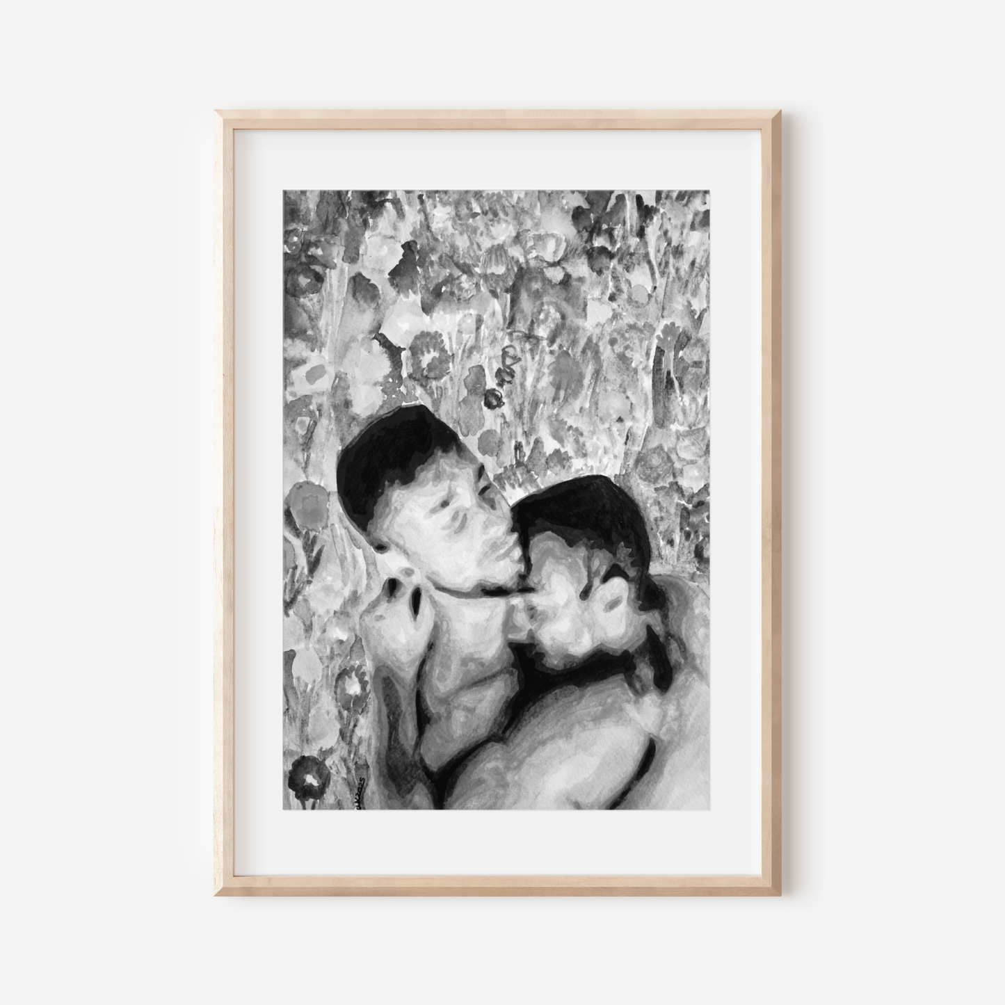 Black and white watercolor painting of two nude gay men embracing tenderly, shown from the waist up. Behind them is vintage floral wallpaper in grayscale, symbolizing queer intimacy and timeless elegance.