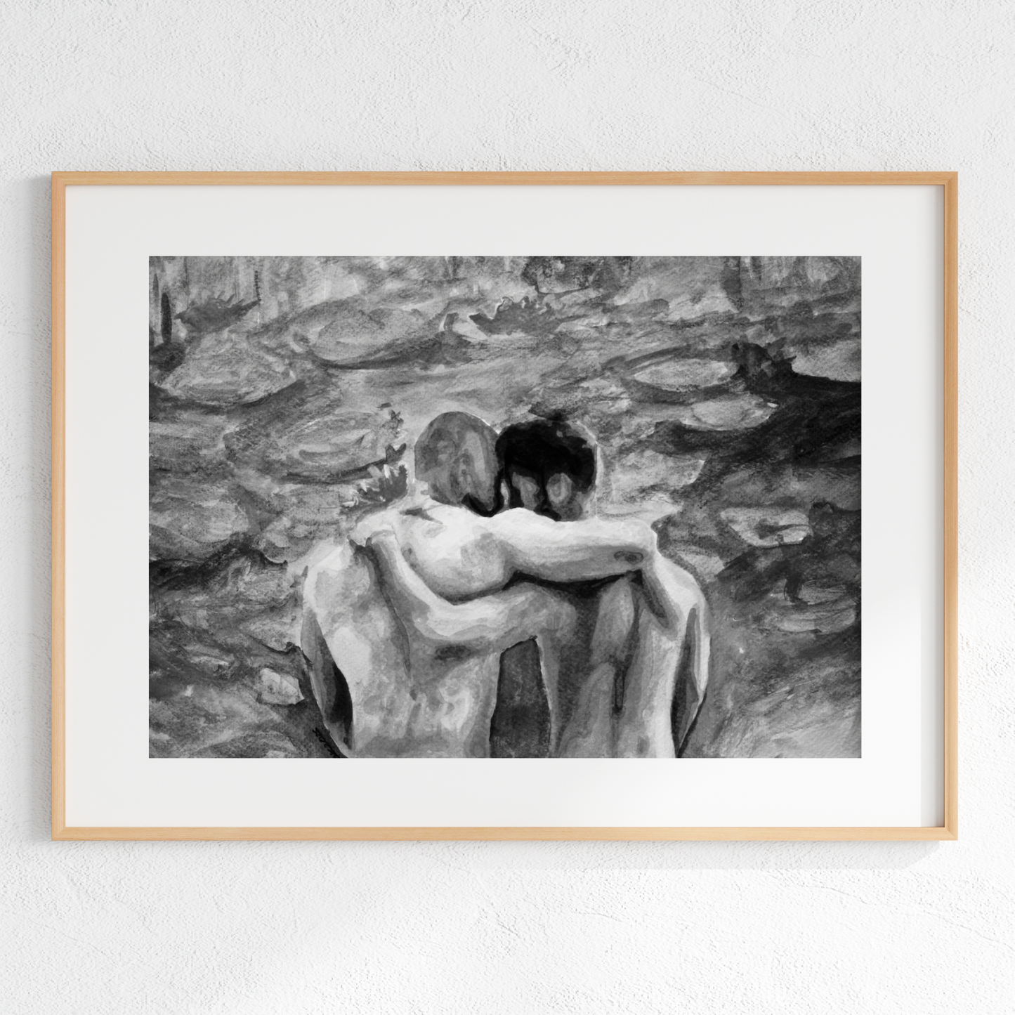 Black and white watercolor painting of two men from behind with arms around each other, looking at a soft landscape inspired by Monet.