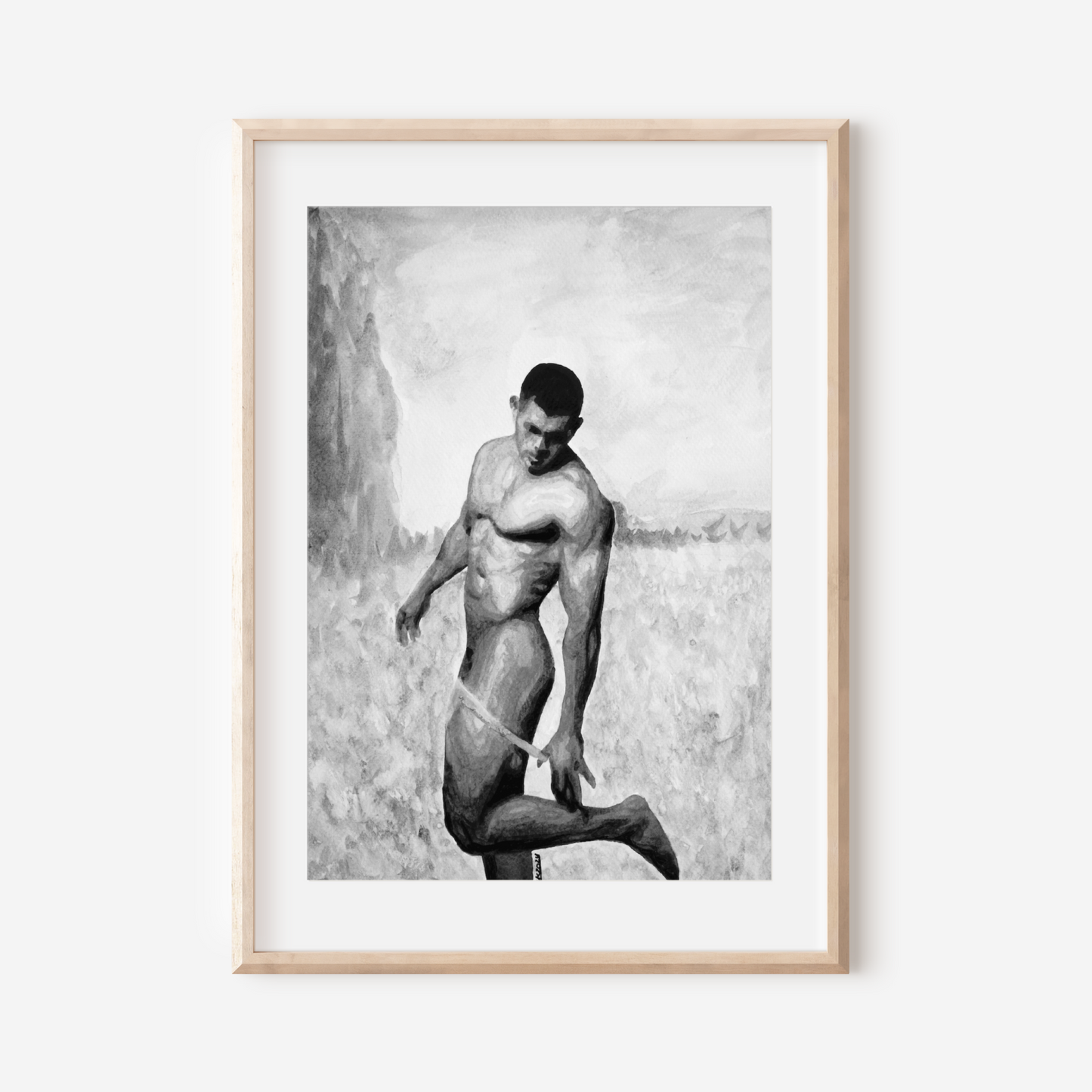 Black and white watercolor of a nude man lifting one leg to undress in a calm field, expressing movement, grace, and queer presence.