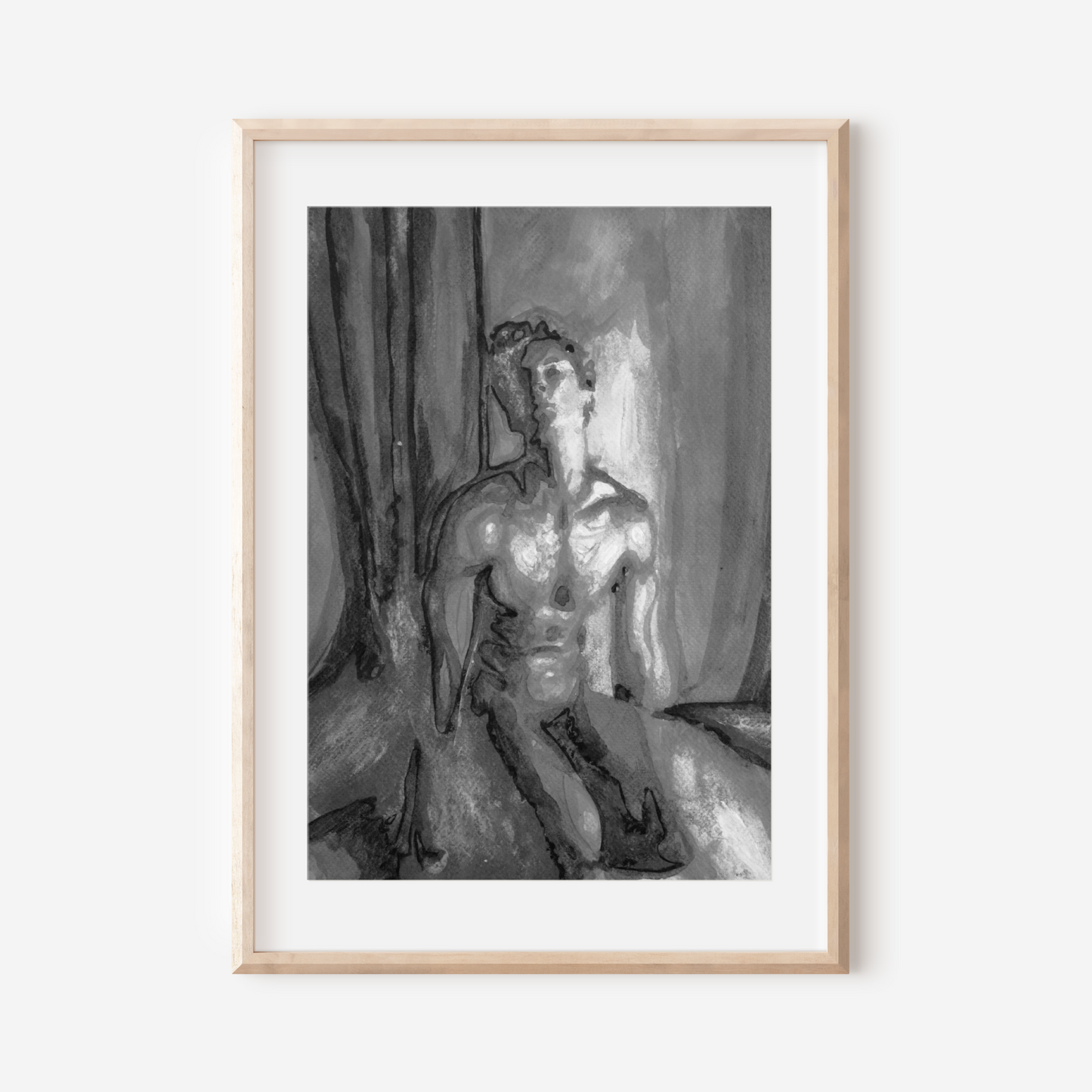 Black and white watercolor painting of a beautiful nude man kneeling, rendered with elegant contrasts and delicate shading, expressing queer grace and strength. Original Zak Pop Art.