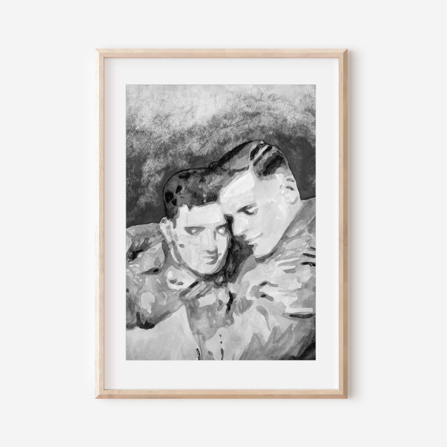 Black and white painting of two WWI soldiers in uniform sharing a tender, secret embrace. A grayscale tribute to queer love in wartime by Zak Pop Art.