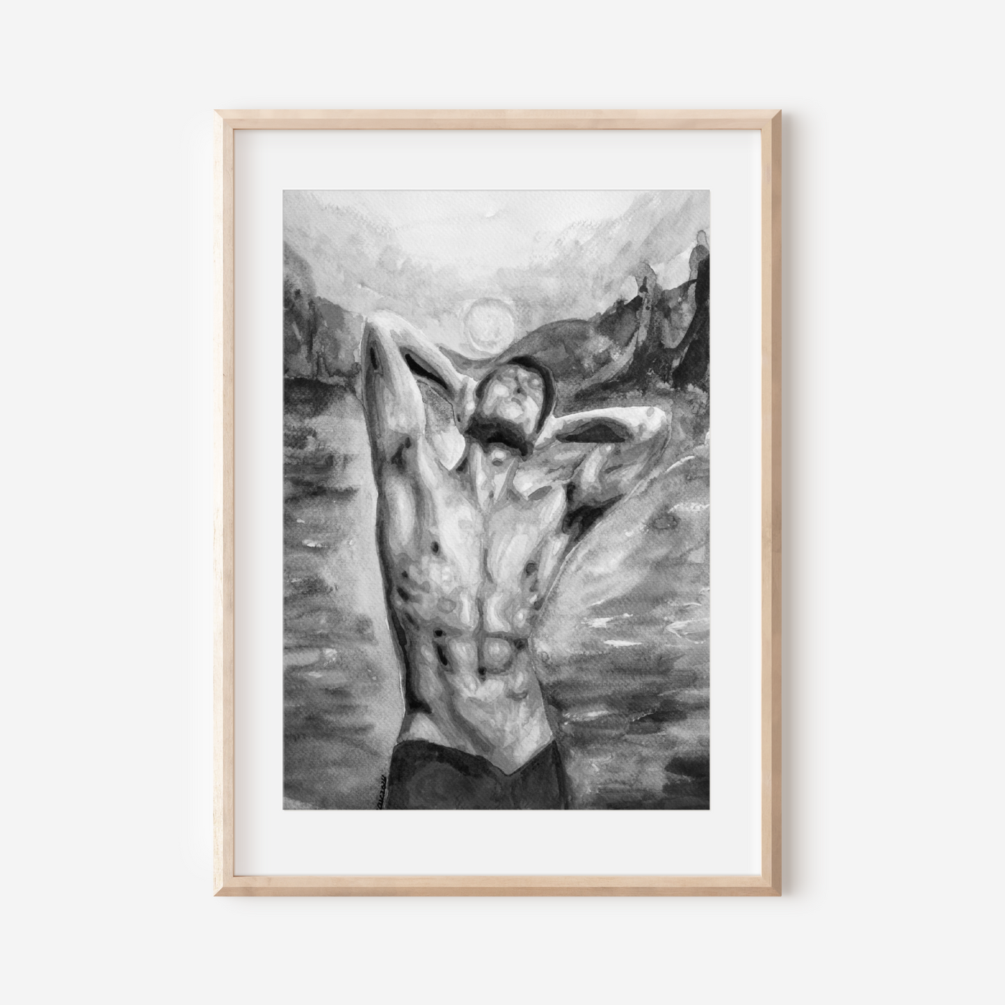 Framed black and white artwork of a nude figure against a mountainous background.