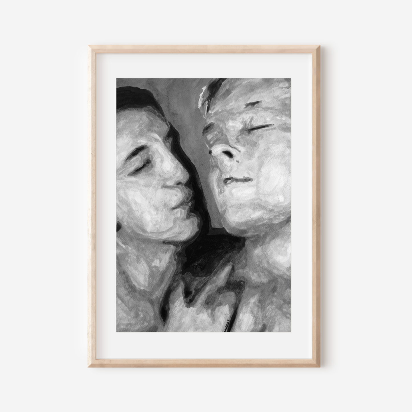 Black and white watercolor painting of a gay couple, one gazing softly at the other, in a gentle romantic moment.