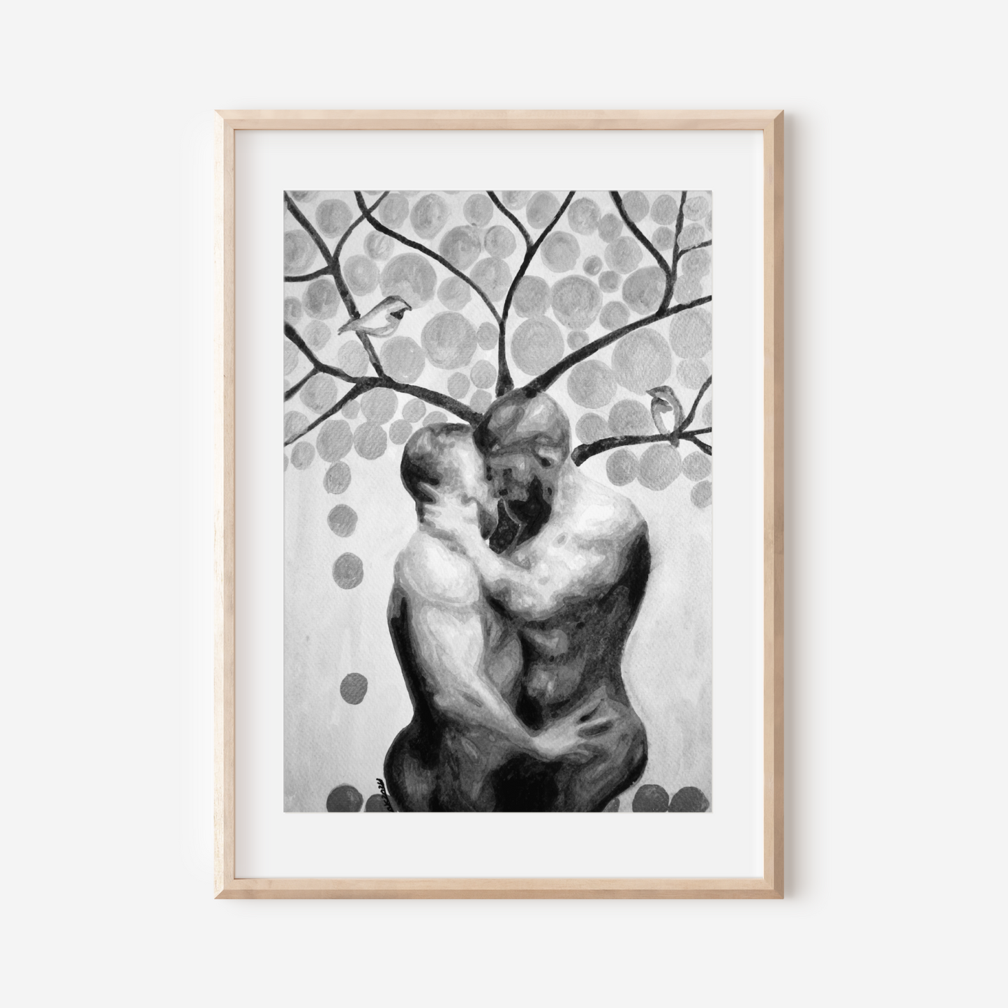 Black and white watercolor painting of two nude men embracing under a tree, with birds and surrounding leaves, expressing queer love, tenderness, and connection. Original Zak Pop Art.