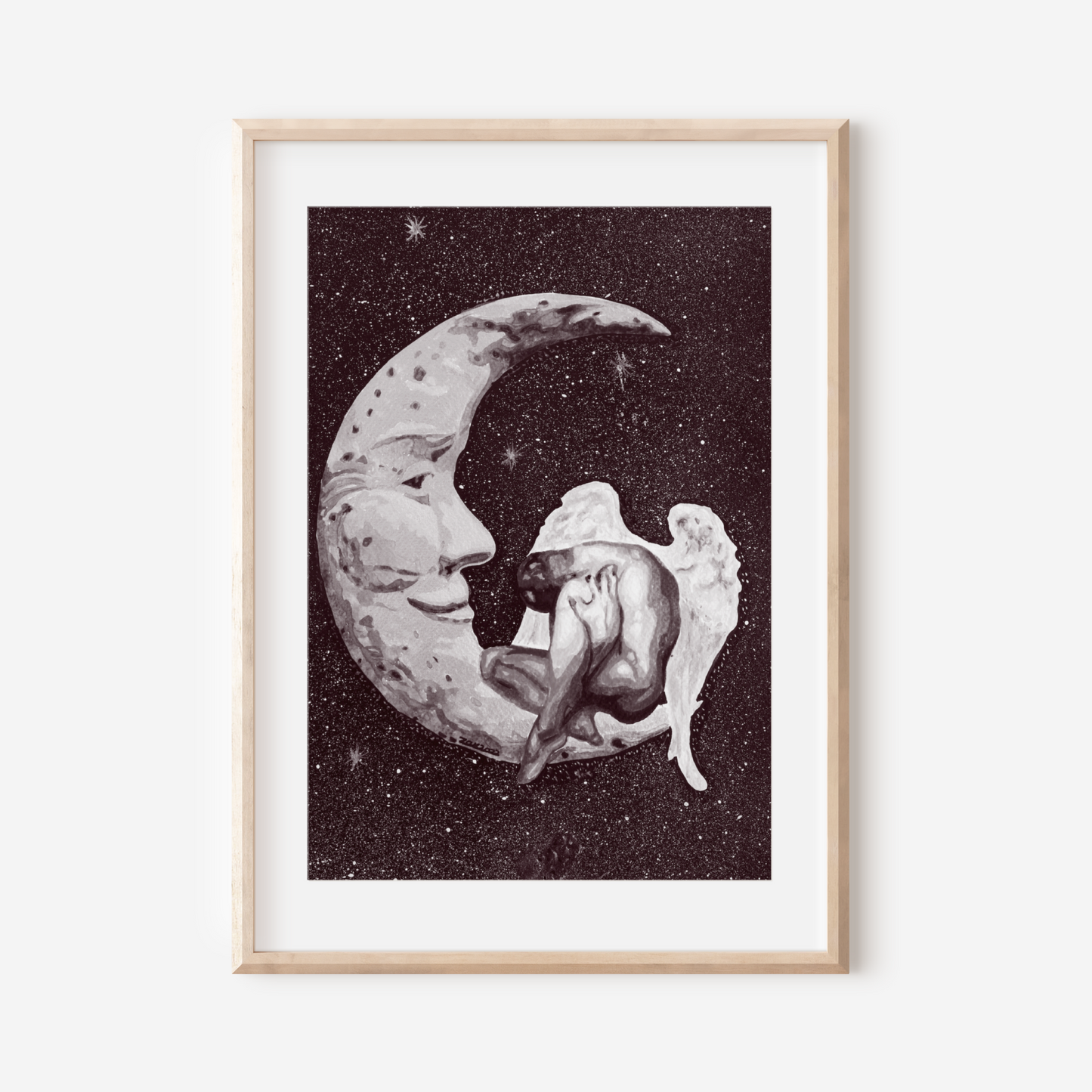 Framed artwork of a woman and angel on a crescent moon against a starry background