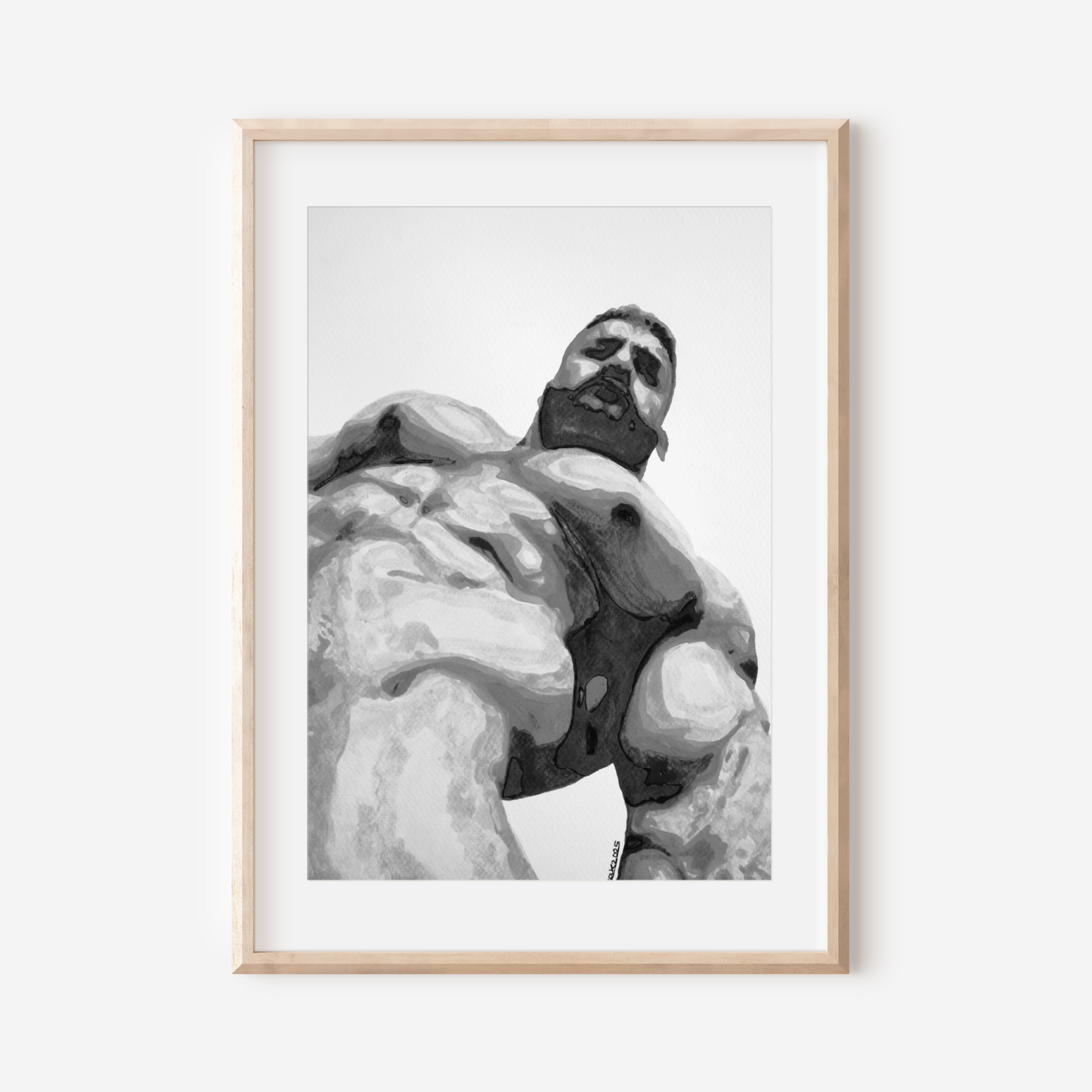 Black and white erotic watercolor art print of a muscular nude male, created by Zak Pop Art. Bold queer artwork highlighting form and sensuality in a minimalist style.