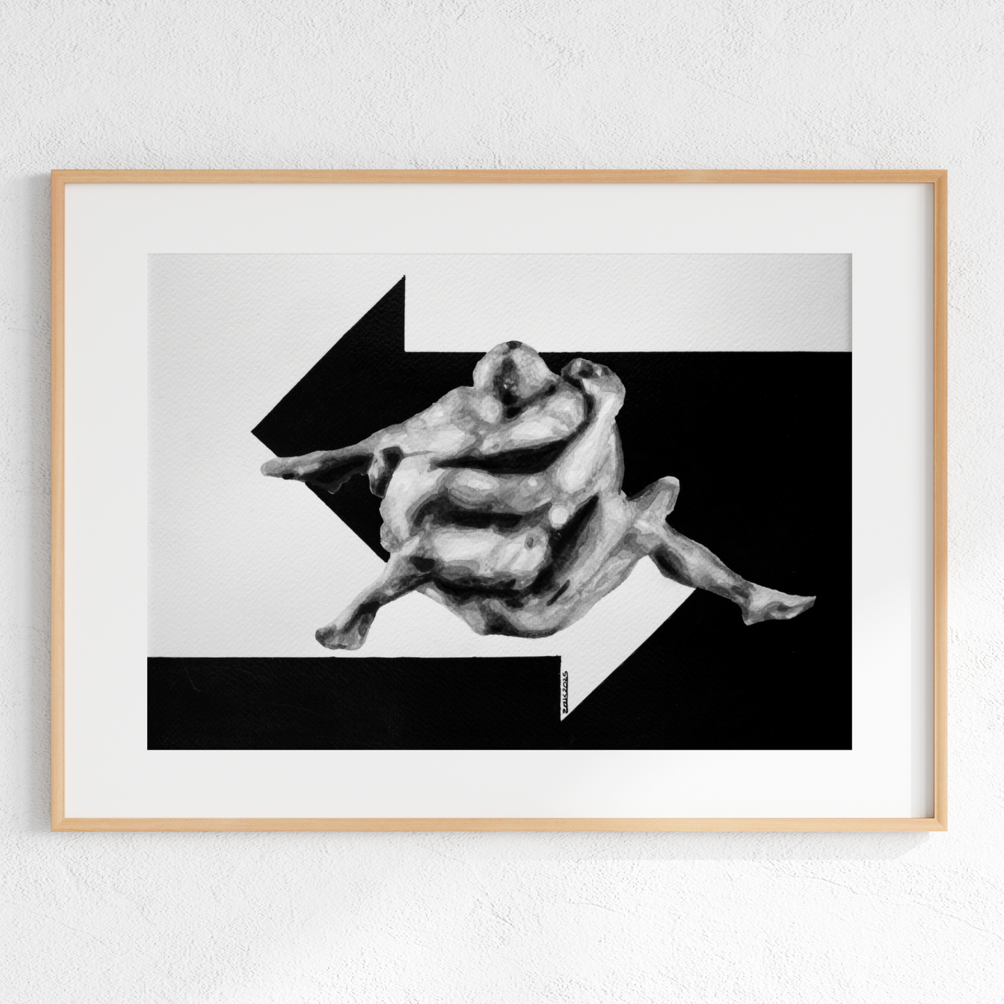 Black and white watercolor print of two nude men merged into one abstract form, with an arrow entering from the right and another from the left.