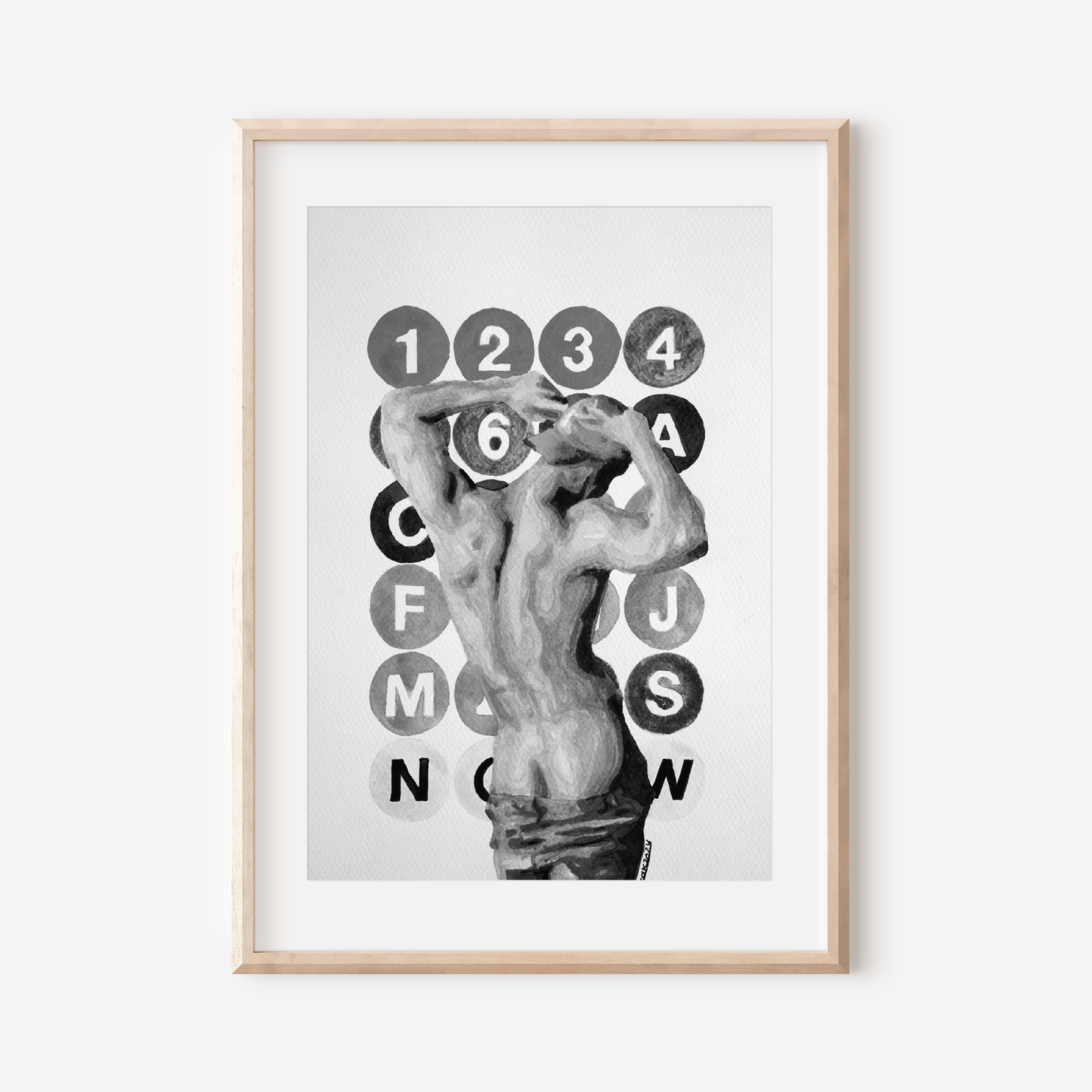 Framed artwork with a stylized depiction of a figure and alphabet letters on a white background