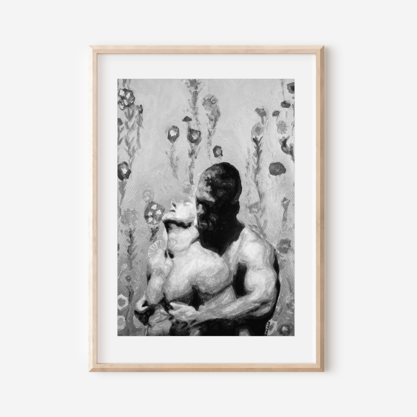 Black and white watercolor of a gay man hugging and kissing his partner's neck from behind. The background shows a grayscale floral pattern inspired by classic shower curtains, creating a sense of quiet domestic queer intimacy.