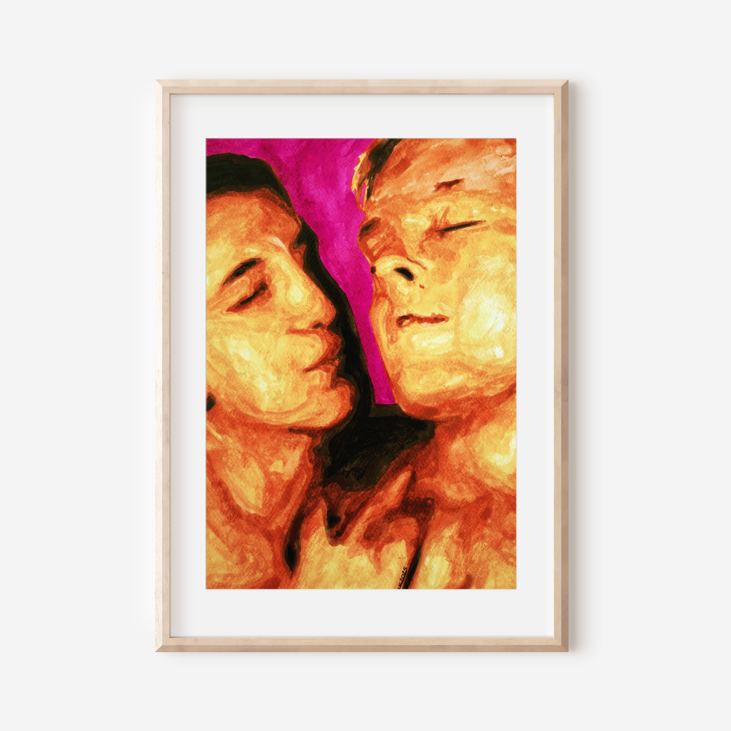 Watercolor painting of two gay men, one looking affectionately at the other, with warm skin tones and a soft pink floral background.