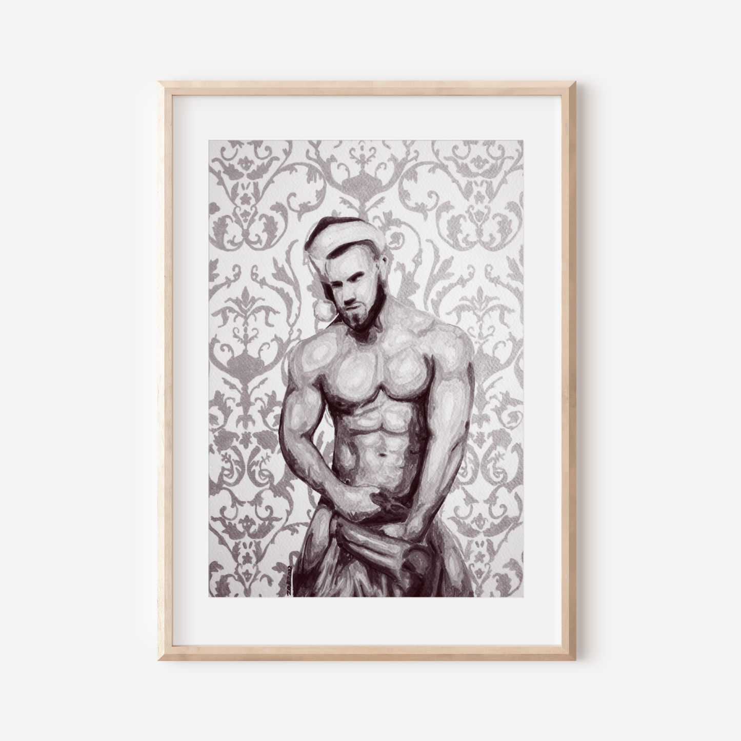 Framed artwork of a shirtless man with a decorative pattern on the wall