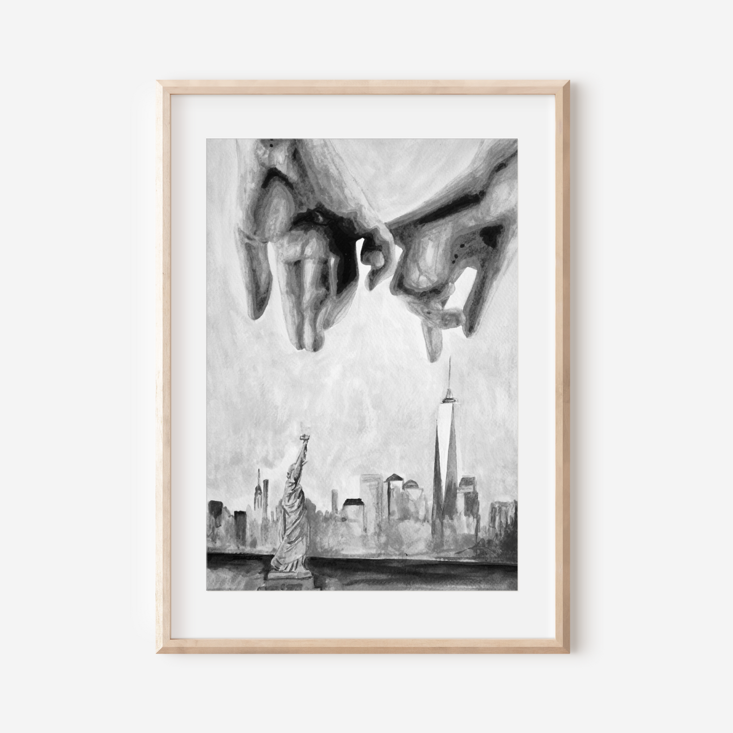 Black and white watercolor print of two gay men making a pinky promise with interlocked hands in the foreground. Behind them, the NYC skyline and Statue of Liberty are softly illustrated, symbolizing queer love and freedom.