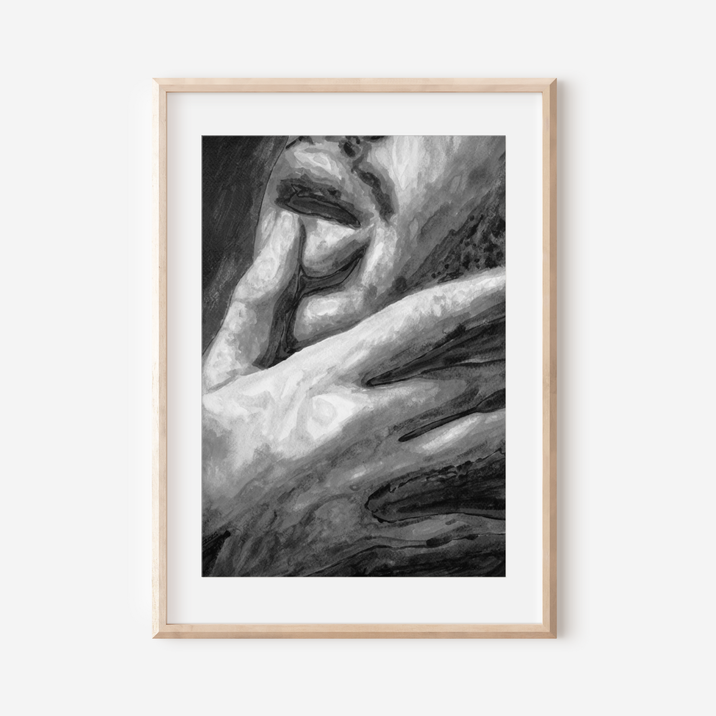 Black and white watercolor portrait of a queer man in side profile, touching his lips with his finger in a soft, expressive gesture.