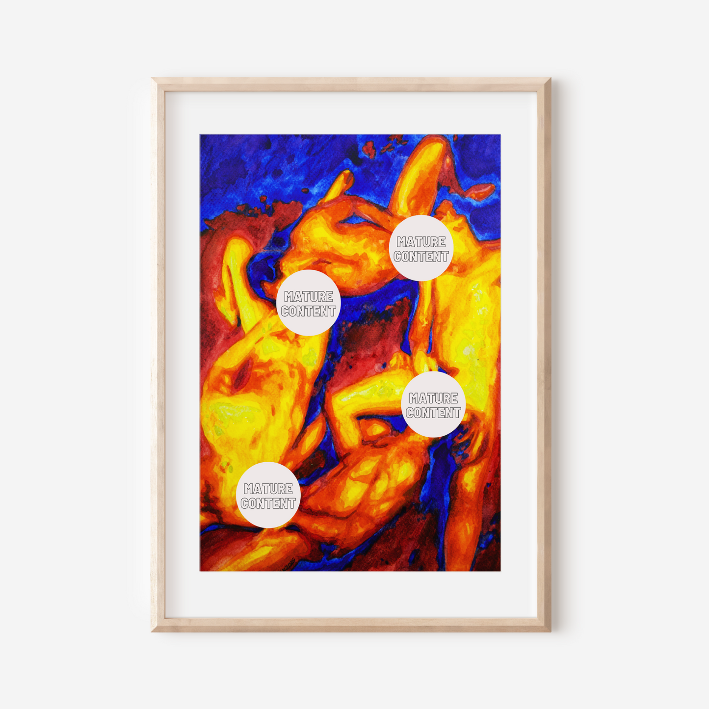 Watercolor painting of four nude queer figures in a circular composition, using warm and cool tones to depict a sensual and emotional erotic scene. Zak Pop Art.