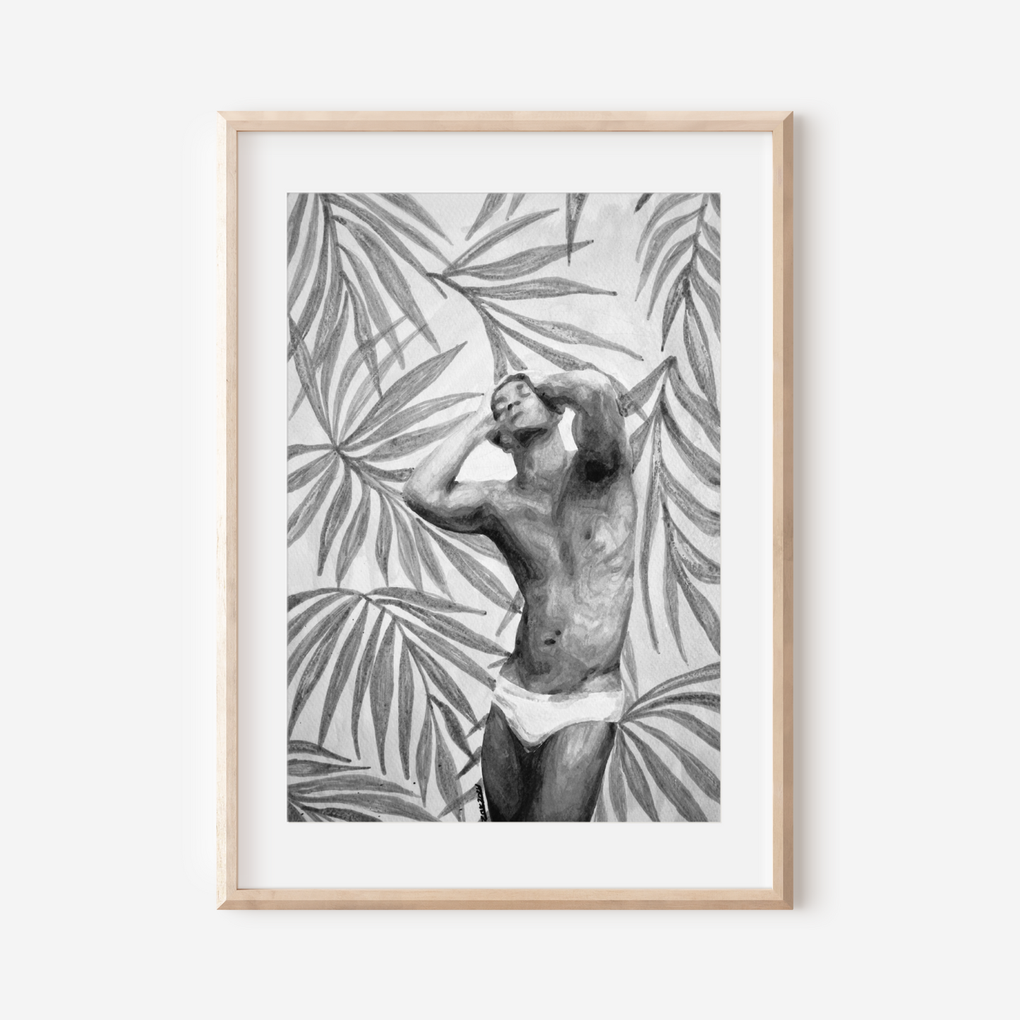 Black and white watercolor painting of a muscular man in underwear with tropical palm leaves background, showing bold Miami style and queer pride through strong contrasts and delicate shading. Original Zak Pop Art
