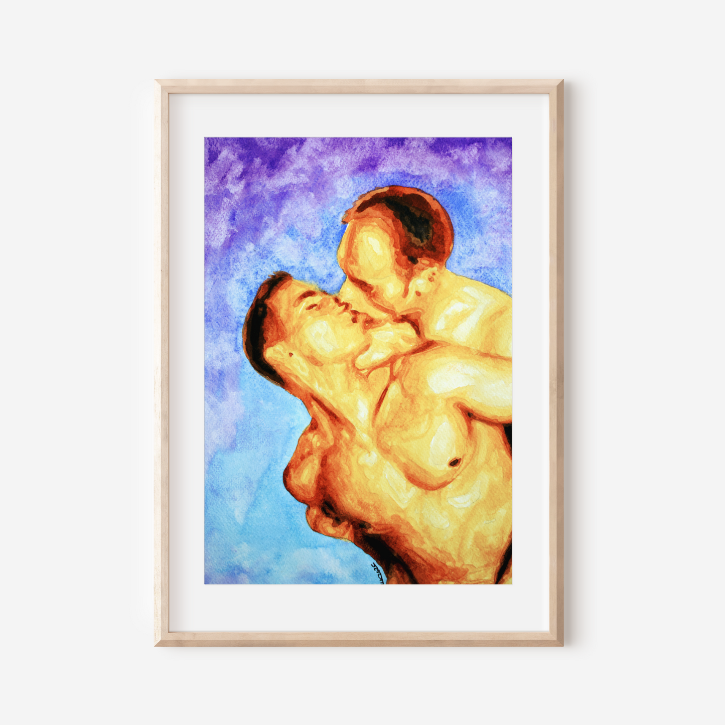 Watercolor painting of two shirtless men lovingly embracing under a clear blue sky. A romantic LGBTQ+ artwork by Zak Pop Art.