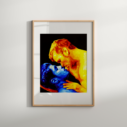 Framed artwork of a colorful depiction of a gay cople embracing on a white wall.