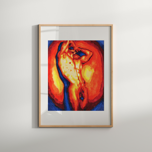 Framed abstract artwork with warm colors on a light gray wall