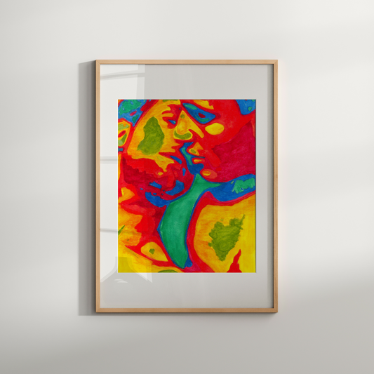Framed colorful gay couple kissing art print on a white wall