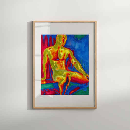 Framed artwork of a colorful abstract figure on a white wall