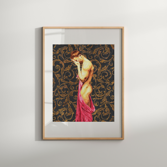 Framed artwork of a woman in a pink dress on a decorative background