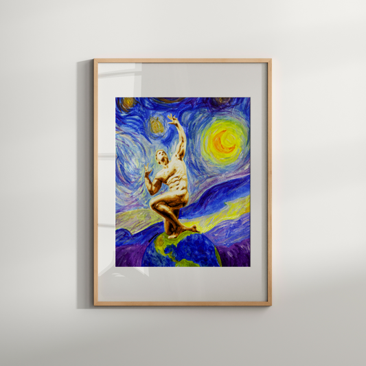 Framed artwork of a person dancing under a starry night sky on a white wall