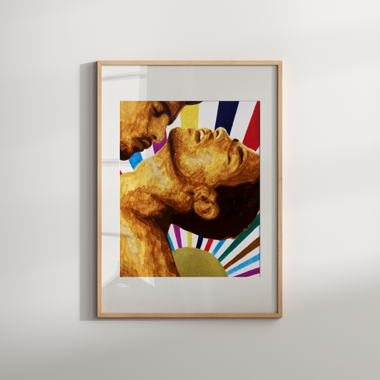 Framed artwork of a classical sculpture with colorful abstract elements on a white wall.
