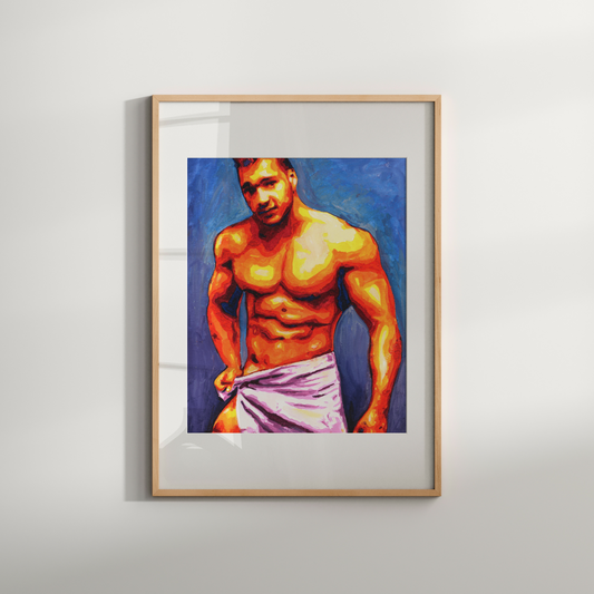 Framed artwork of a shirtless man with a towel draped over his shoulder on a white wall.