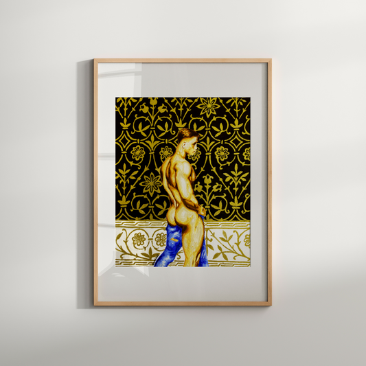 Framed artwork of a nude figure with decorative patterns on a plain background